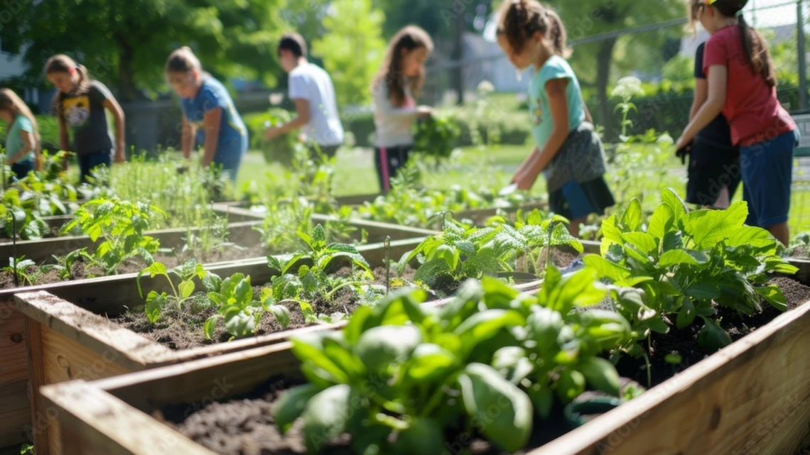 Raised beds with kids out of focus in the background