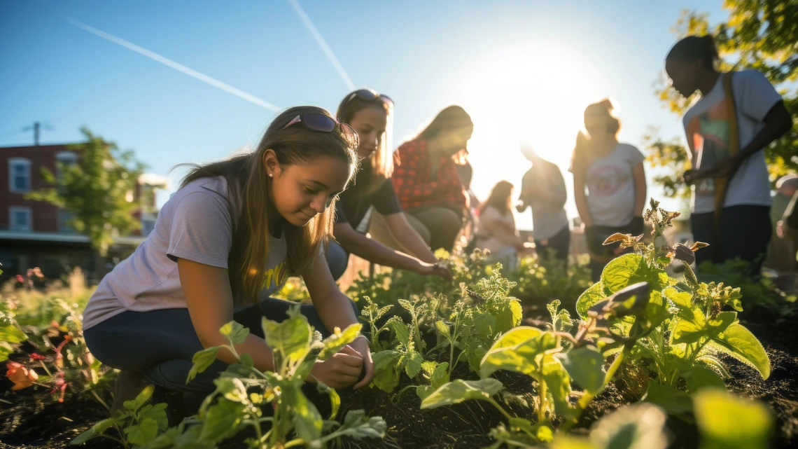 Teens hovered over the garden bed
